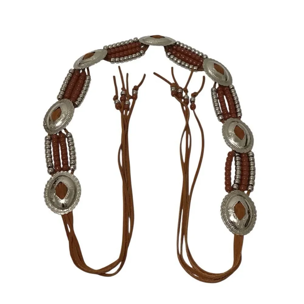 Brown Suede Leather Concho Self Tie Belt